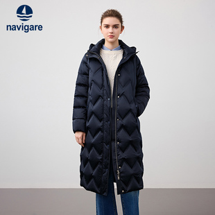 Navigare意大利小帆船白鸭绒羽绒服女士长款面包服冬季保暖外套