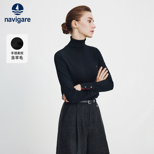 [羊毛]Navigare意大利小帆船秋季黑色打底针织衫女士休闲高领毛衣