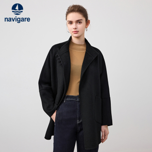 休闲中长款 Navigare意大利小帆船黑色双面呢大衣女冬季 外套 羊毛