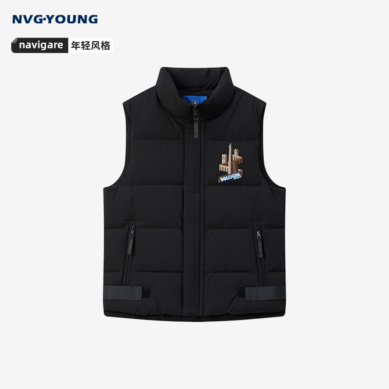 Navigare意大利小帆船黑色立领羽绒马甲男秋冬潮牌保暖背心外套