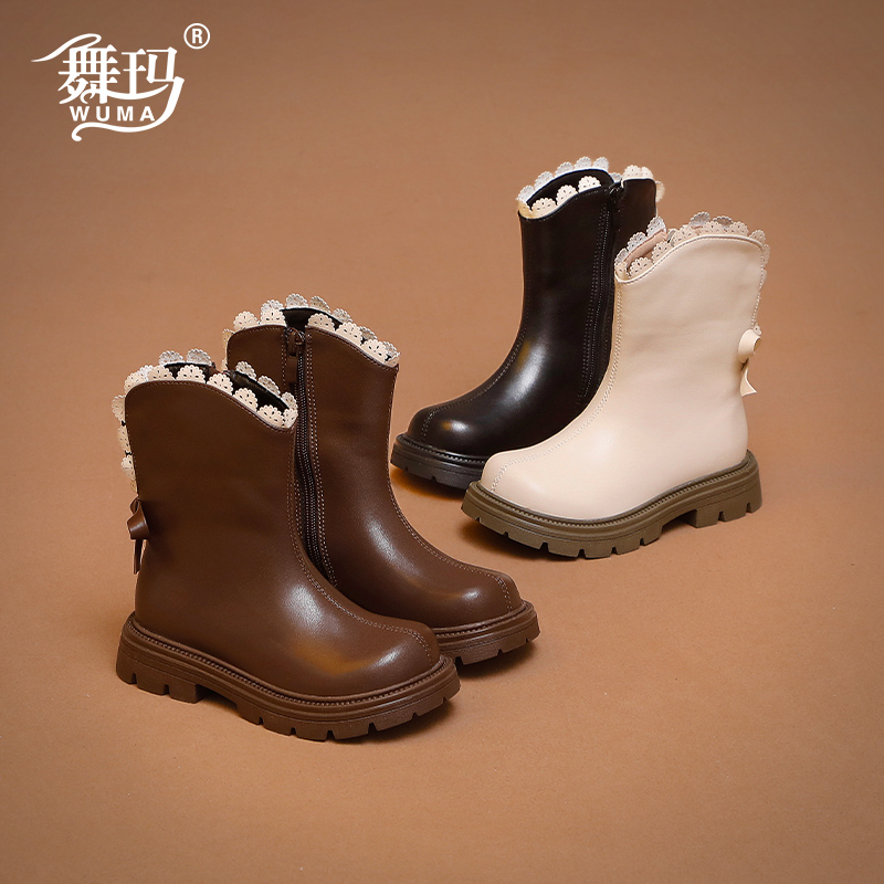 舞玛女童冬季蝴蝶结加绒马丁靴