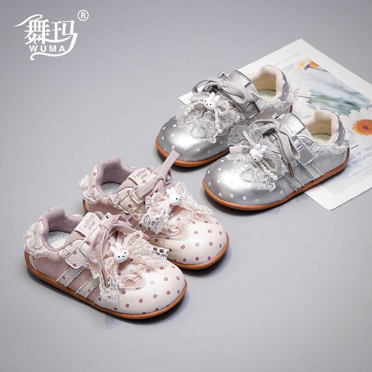 舞玛女童魔术贴蝴蝶结运动鞋图片