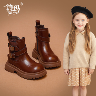 舞玛女童鞋子儿童短靴2025新款冬季小女孩加绒二棉黑色皮带扣皮靴