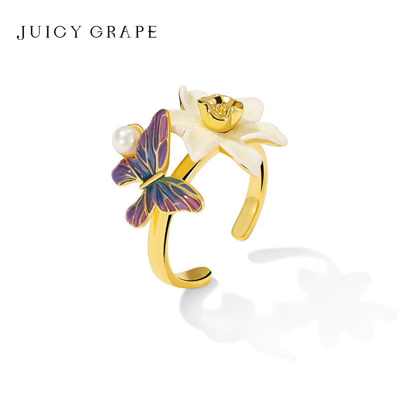 Juicy Grape食指戒开口可调节珐琅水仙花彩色蝴蝶戒指女小众设计