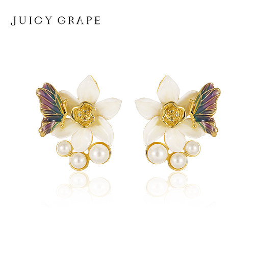 JuicyGrape蝴蝶珍珠花朵耳钉女