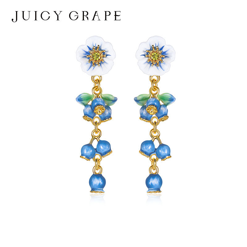 Juicy Grape蓝白之恋系列蓝莓花朵耳环女长款耳钉甜美设计感耳饰
