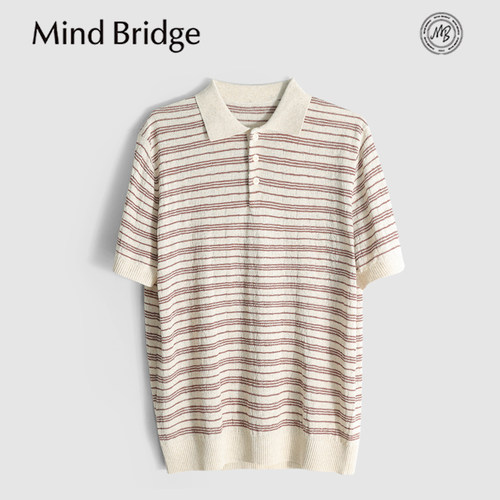 MindBridge莱赛尔+亚麻/3色休闲翻领条纹针织短袖T恤POLO衫夏MB61