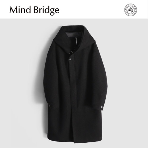 MindBridge重磅羊毛/秋冬防风保暖连帽休闲长款单面呢大衣男 MACU