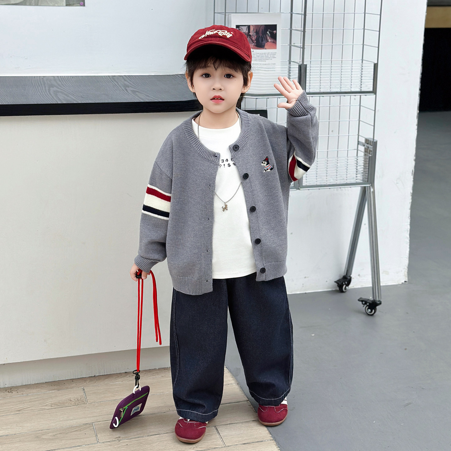 春秋学院风男针织开衫两件套