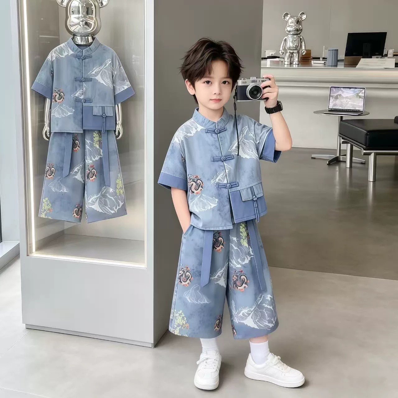 夏季男童汉服盘扣刺绣国学套装