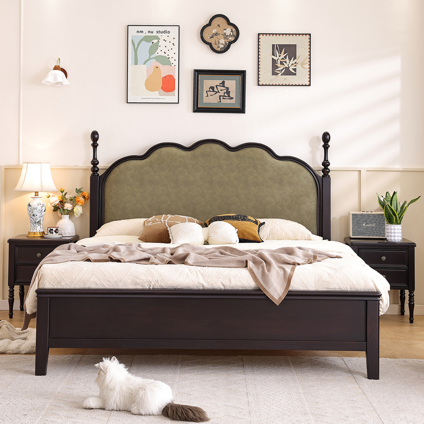 美式复古实木磨砂皮软包床