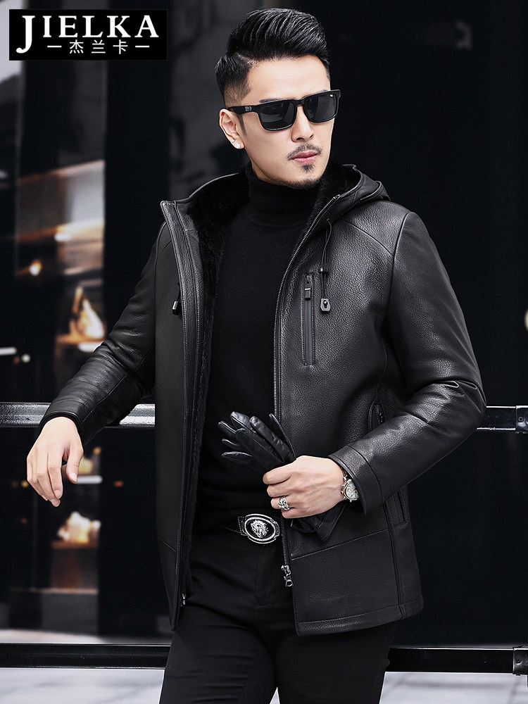 Mink coat Men's coat Whole mink hooded mink liner Leather jacket Haining Deerskin grain leather leather jacket