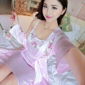 冰丝 春秋家居服短袖 丝绸睡衣女夏天吊带睡裙性感睡袍长袖 两件套装