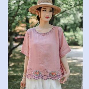 拼接 新款 棉麻小衫 女刺绣文艺复古风休闲百搭宽松圆领夏季 舒适薄款