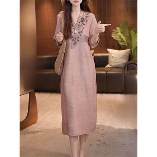 大码 新款 宽松显瘦气质裙子 国风重工刺绣连衣裙2025年夏季 棉麻中式