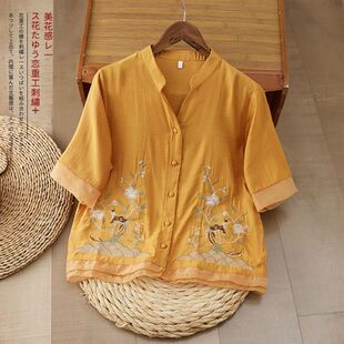 中式 新款 文艺刺绣短袖 2025夏季 复古纽扣宽松妈妈上衣 棉麻衬衫 大码