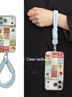 日韩ins小众浮雕彩格圣诞适用苹果17promax手机壳iphone13全包16pro新款蓝色毛绒手绳14promax保护15套