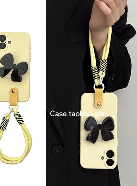 ins小众韩系气质黑色蝴蝶结适用苹果17promax手机壳15promax手拎绳13pro高级感黄色12个性16防摔14保护套
