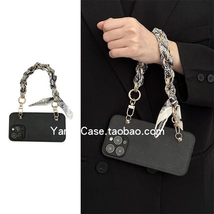 高级感小众黑灰丝巾金属手提链条适用16pro苹果15promax手机壳iphone13韩风11气质12皮质xs时尚14pro保护套