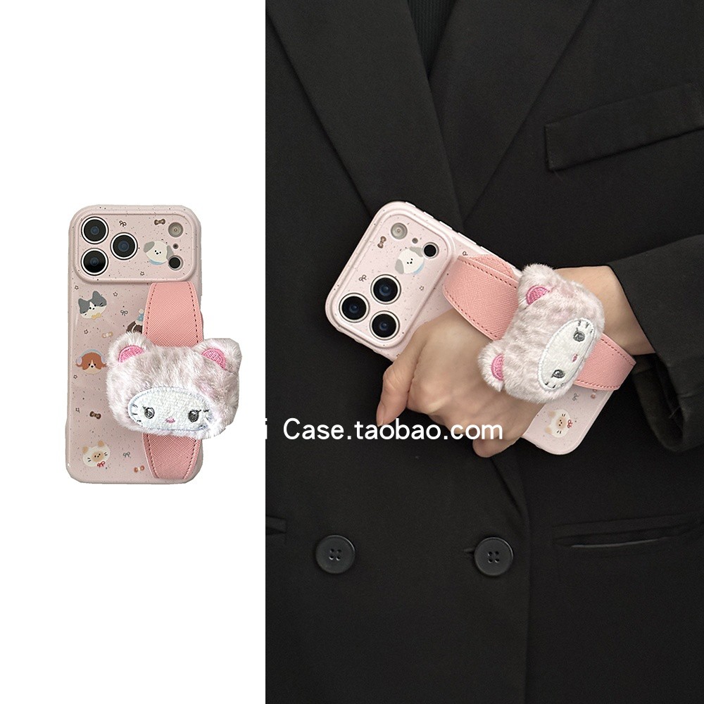 可爱粉色甜系少女粉色豹纹猫咪手腕带16promax适用苹果17promax手机壳iphone软15pro爱心边12新款14保护套