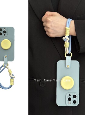 韩国ins小众蓝灰色软壳适用苹果15promax手机壳iphone13黄色硅胶支架11手拎腕绳小众12防摔xs时尚14pro保护套