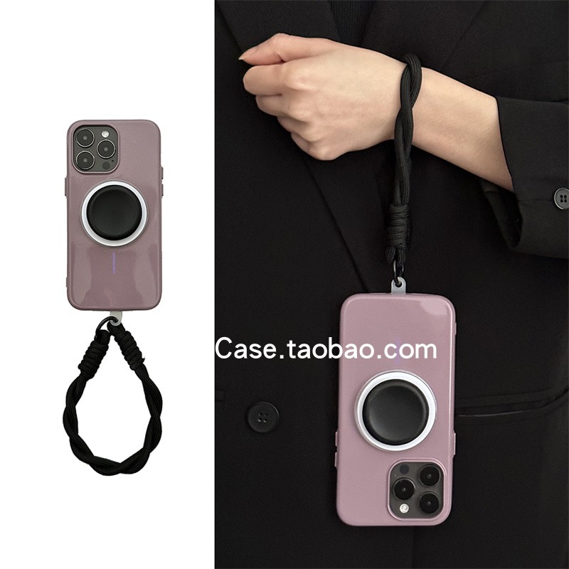 简约高级感细闪黑加仑紫磁吸支架16promax适用苹果15promax手机壳13pro黑圆硅胶支架12手绳16全包15保护套