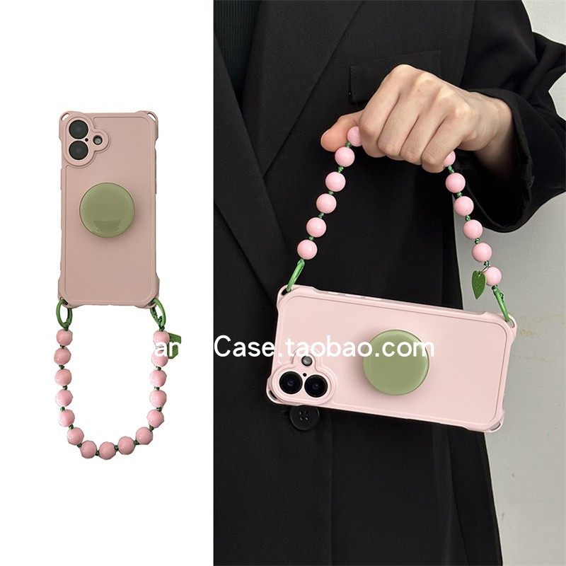 小众ins简约撞色绿圆支架16promax适用苹果15promax手机壳13pro串珠手链12四角挂耳粉色16全包14保护套