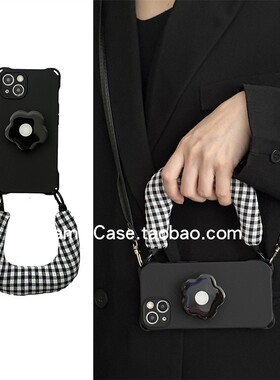 简约四角开孔便携充棉黑格手腕17promax适用苹果15promax手机壳iphone16花朵支架15防摔带斜挎12全包14保护套