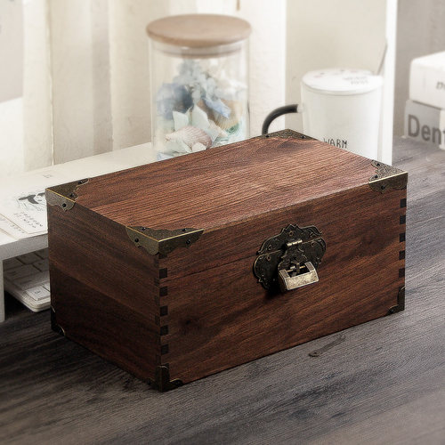 复古风收纳带锁小木盒黑胡桃实木