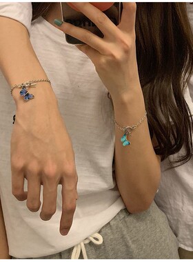 小众蓝色蝴蝶一字扣少女风手链