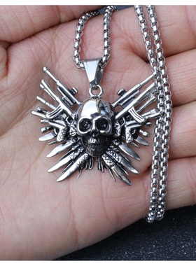 欧美复古神枪手饰品挂件 骷髅头手枪造型吊坠项链机车朋克配饰
