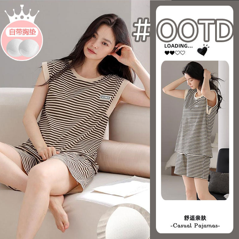 睡衣女夏季薄款新背心短裤带胸垫性感网红风夏天可外穿家居服套装图片