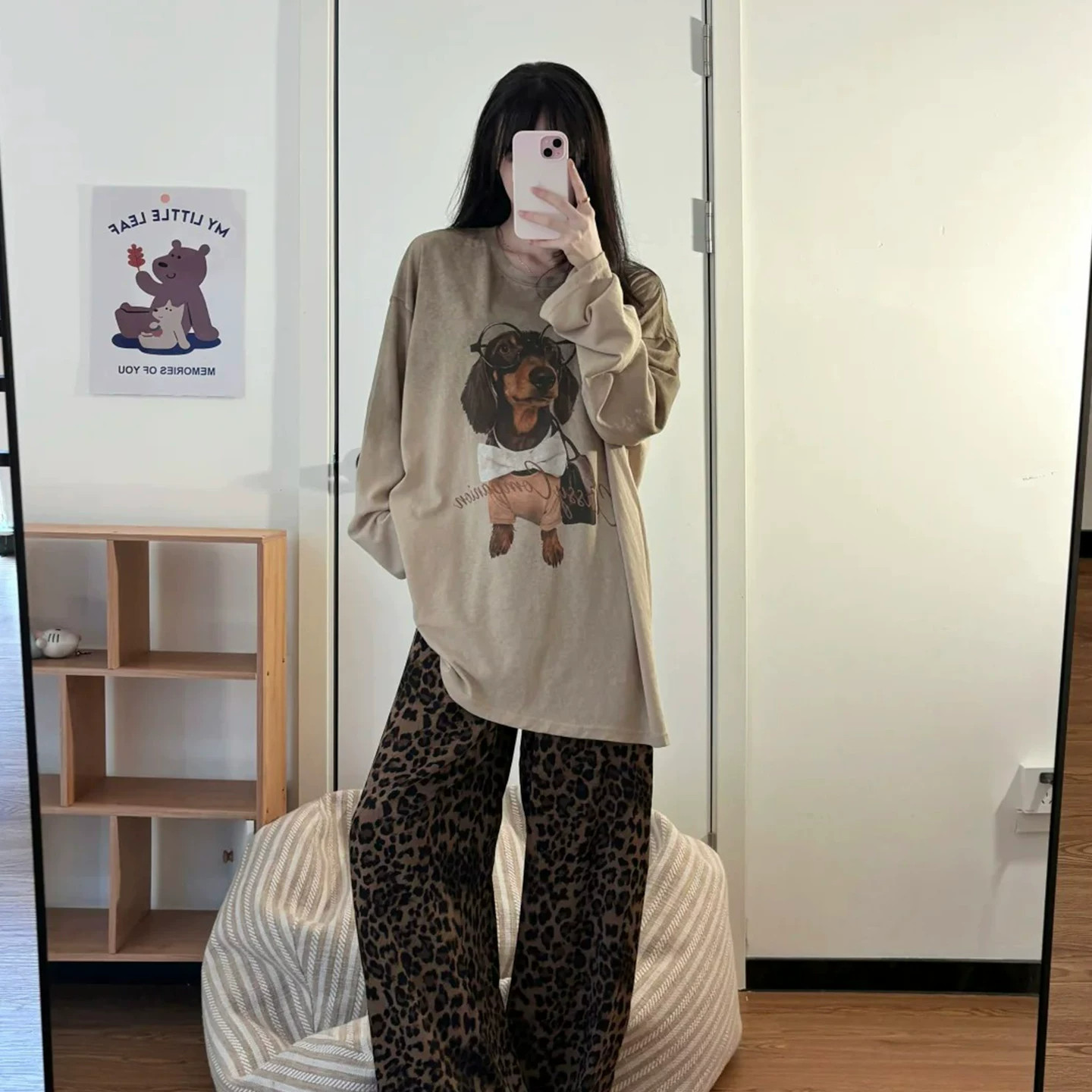 复古豹纹流行百搭款家居服美式卡通小狗印花长袖长裤春秋女款睡衣