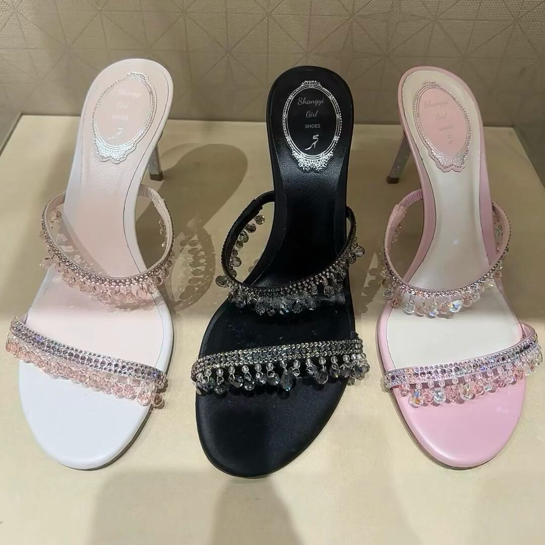 凉鞋女2026新款夏季性感露趾一字带水钻高跟鞋细跟水晶凉拖仙女风
