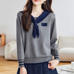 2025拼色新款飘带领字母针织衫秋冬长袖设计假两件打底上衣毛衣