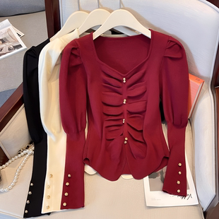 早秋法式V领泡泡袖针织衫女春秋冬紧身显瘦褶皱纽扣毛衣打底上衣