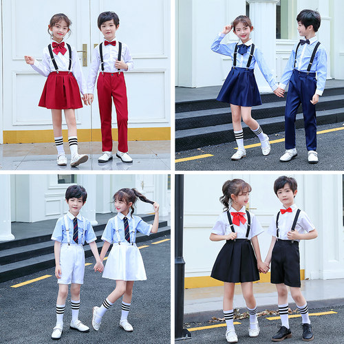 背带裤小学生毕业照朗诵表演服