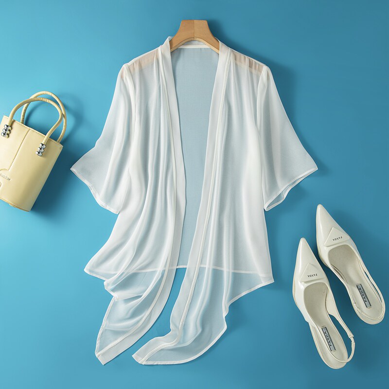 夏季真丝小披肩防晒开衫女桑蚕丝外搭薄纯色配裙子上衣沙滩短外套