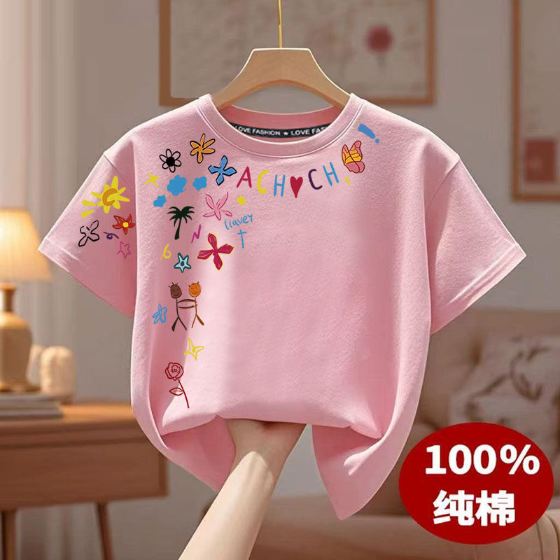 夏季新款儿童纯棉短袖女童半袖印花韩版宽松短袖上衣中大童T恤潮