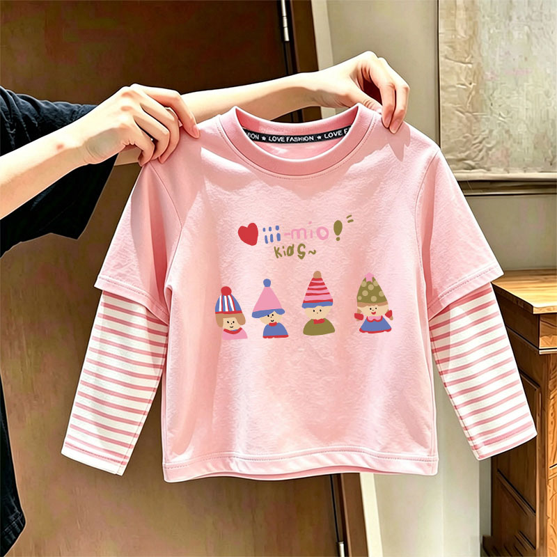 秋季纯棉女童长袖T恤儿童卡通假两件上衣女孩宝宝可爱洋气打底衫