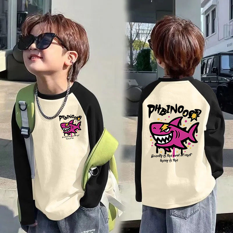 春秋男童打底衫帅气百搭儿童长袖T恤中大童拼接撞色宽松秋季上衣