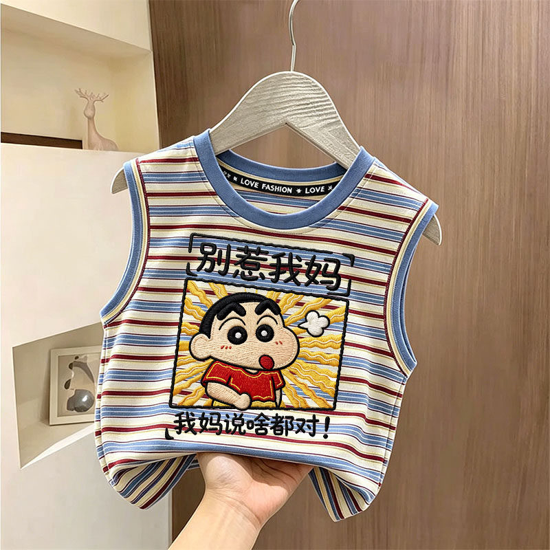 别惹我妈男儿童夏装新款卡通蜡笔小新无袖背心男宝宝冰丝凉感背心