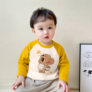 秋冬新款男童长袖T恤儿童拼接打底男女宝宝保暖上衣猫和老鼠衣服