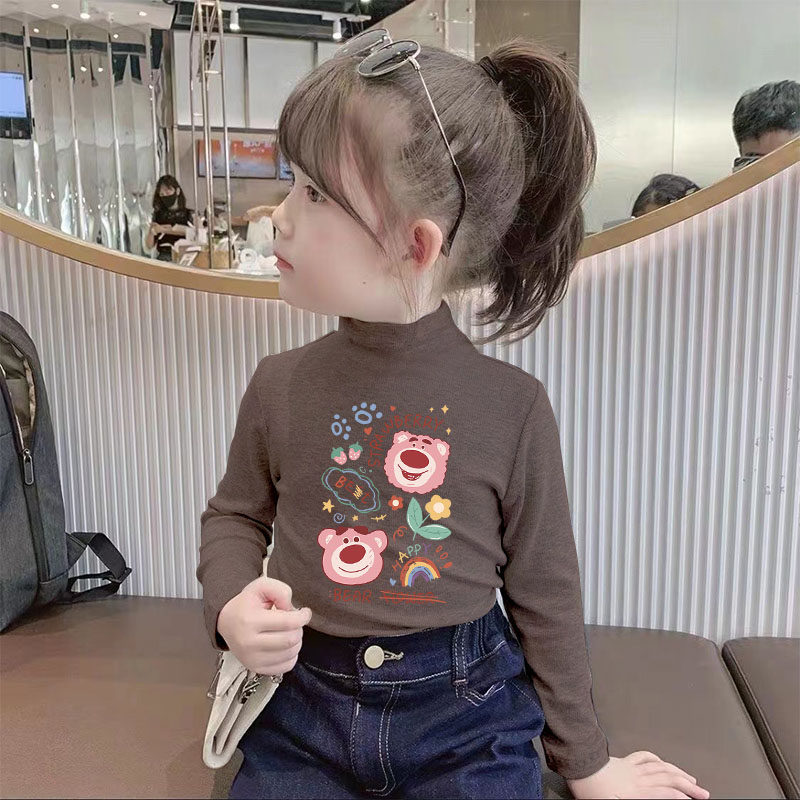 女童秋冬半高领打底衫儿童卡通印花长袖T恤女宝螺纹德绒保暖上衣