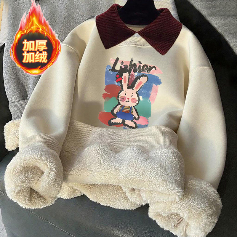 女童加绒卫衣儿童秋冬季羊羔绒加厚卫衣中大童宽松保暖外穿上衣潮