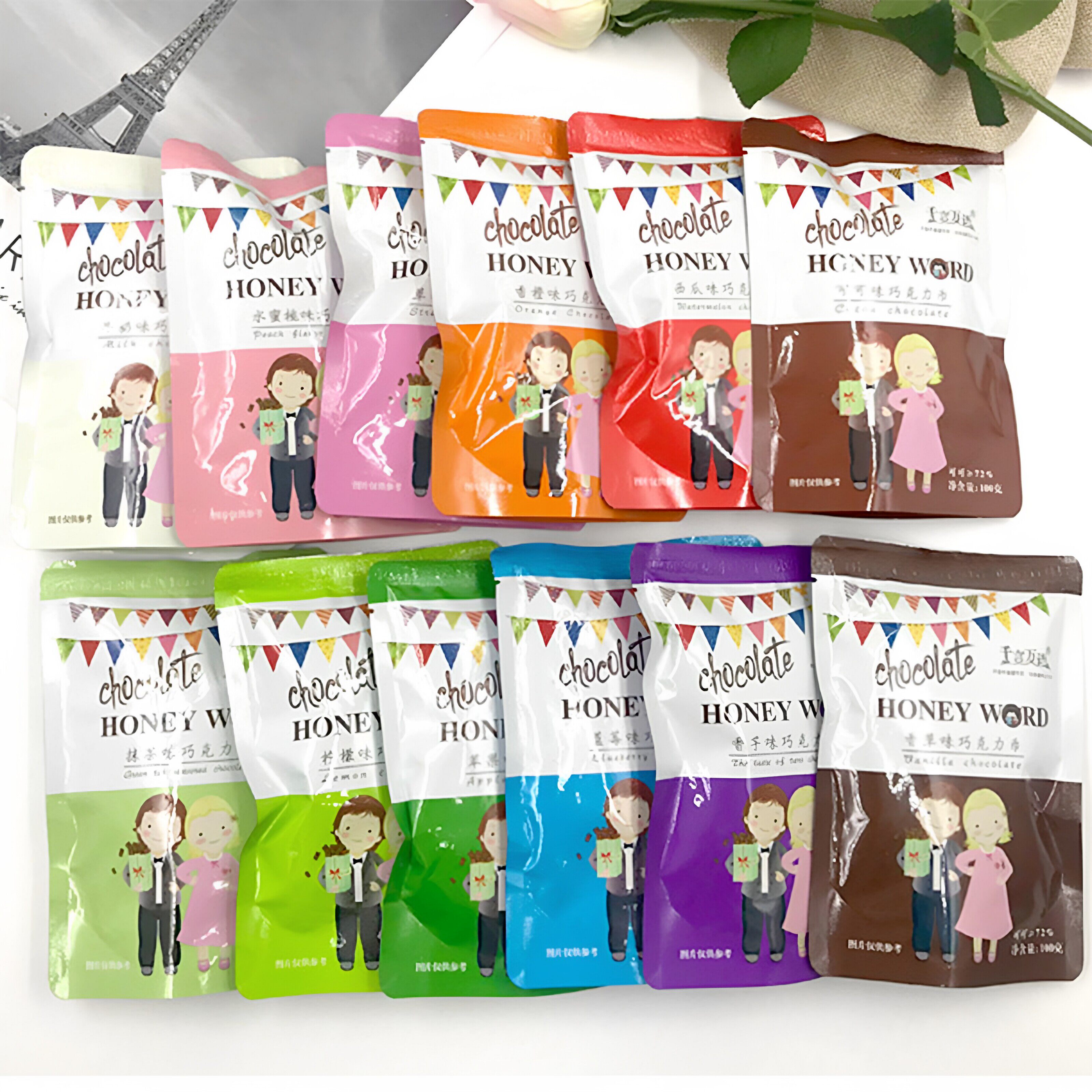 千言万语彩色巧克力甜甜圈棒棒糖口红原料币 可可脂零食100克原装
