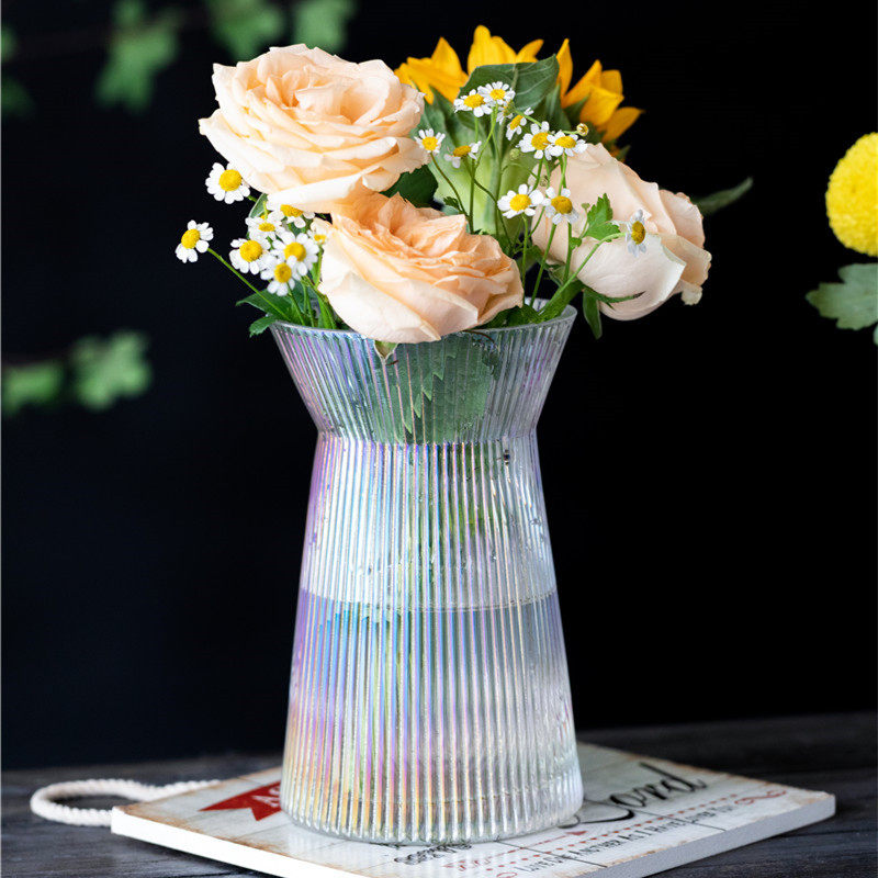 花时间《知物》北欧敞口竖条纹桌面玫瑰花水培植物玻璃花瓶大口瓶