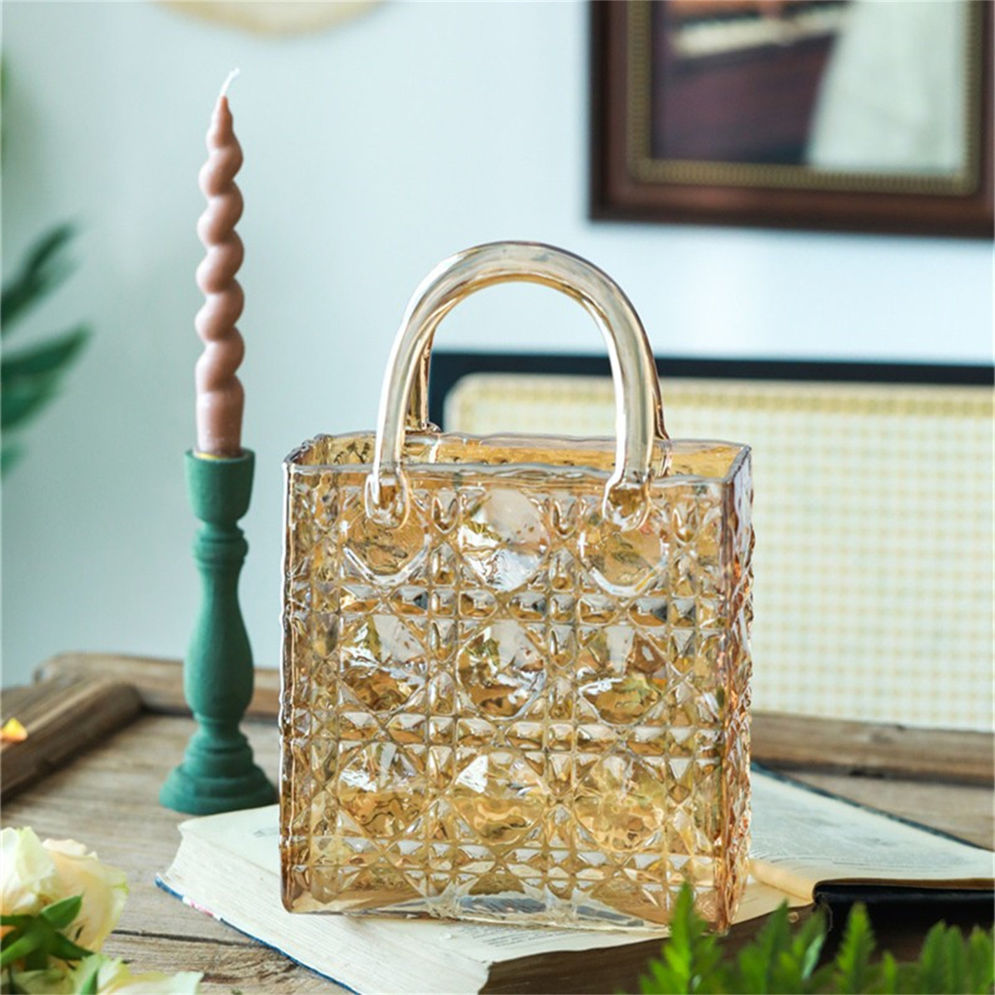 北欧风格玻璃戴妃包提手包几何花瓶琥珀色台面花瓶家居装饰大号