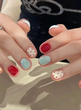 短款美甲俏皮可爱穿戴甲片女童可拆卸成品指甲片学生美甲贴片红色