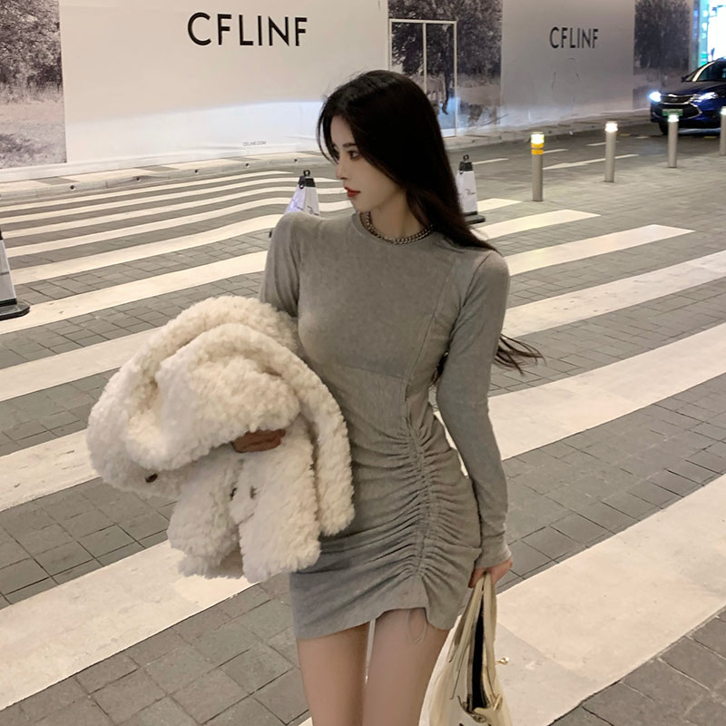 Real price! Long sleeve dress with a slim, drawstring pleated skirt 984